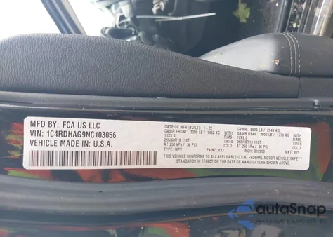 2022 Dodge Durango Sxt Rwd из США, поврежденный, VIN 1C4RDHAG9NC103056